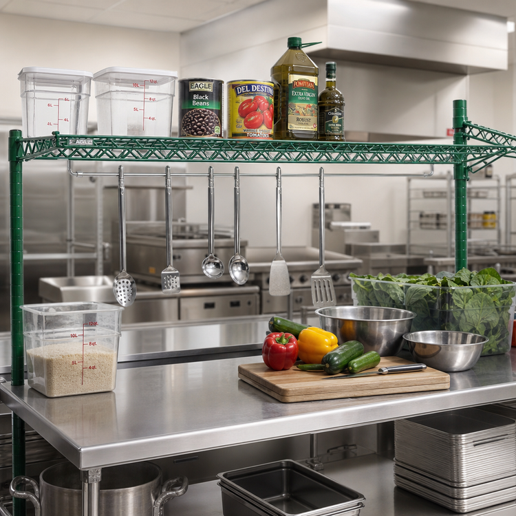 Product image #2 for Eagle Group Valu-Gard Green Epoxy 60 Inch x 18 Inch Reversible Angled Wire Shelf with Hanger Rails