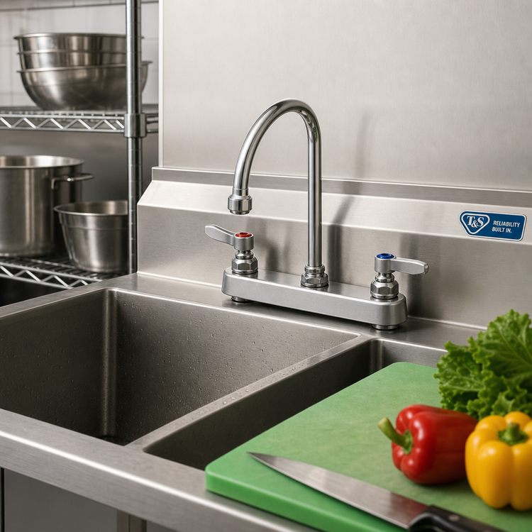 Product image #2 for T&S Brass 8-Inch Center Deck-Mount Workboard Mixing Faucet with 5-3/4-Inch Swivel Gooseneck and 0.5 GPM VR Spray Device