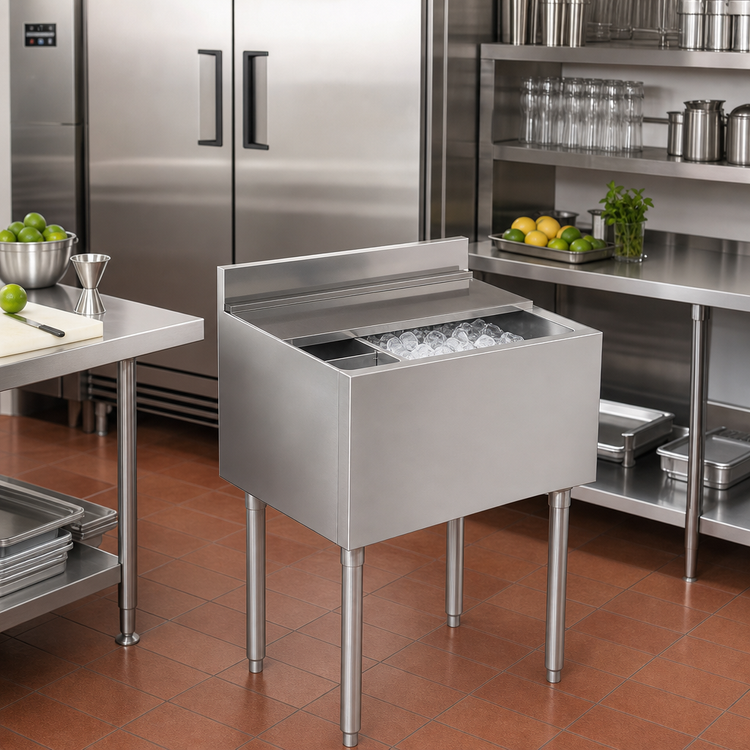 Product image #2 for Underbar Insulated Ice Bin with 2-Piece Sliding Lid, 304 Stainless Steel, 8 x 18-1/2 x 30 Inches