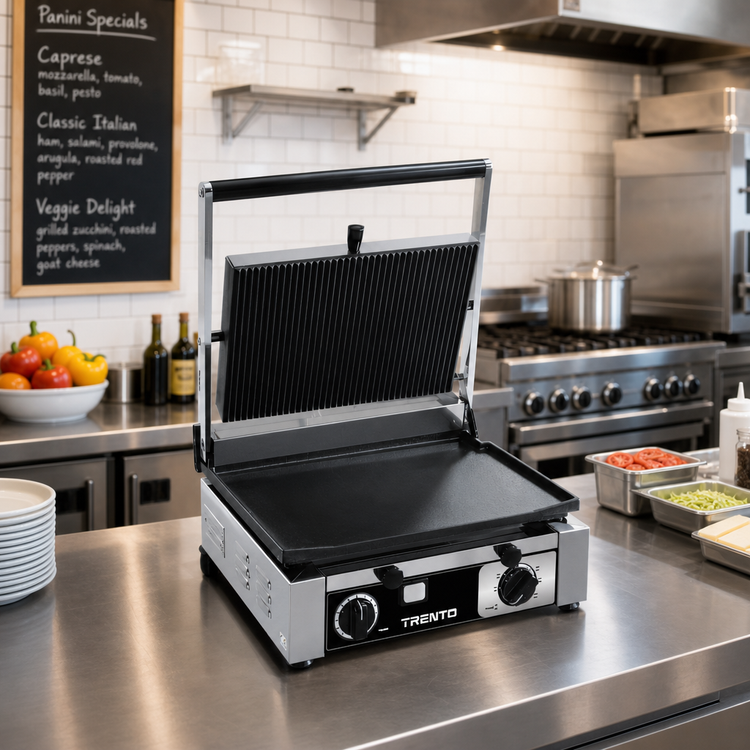 Product image #2 for Trento Single Countertop Panini Grill with Ribbed Top and Smooth Bottom, 15 x 10 Inch Cast Iron Cooking Surface, 120V