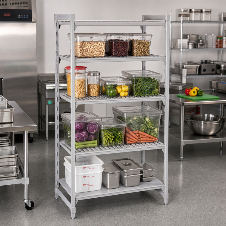 Product image #3 for Cambro Camshelving Premium 30" x 24" x 84" 4-Shelf Stationary Starter Unit with 3 Vented Shelf Plates and 1 Solid Shelf Plate