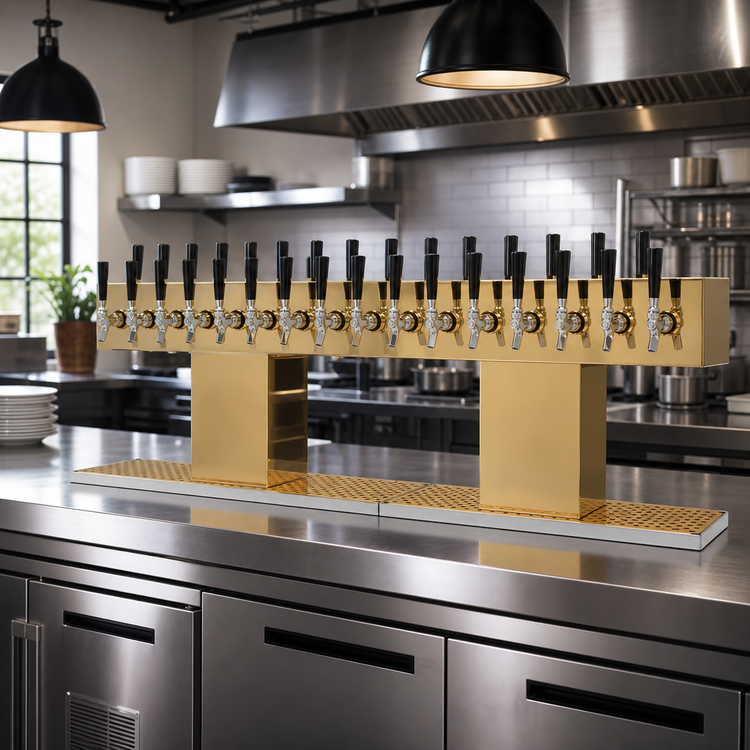 Product image #2 for Glastender DT-32-PBR Double-Sided Countertop Draft Dispensing Tower with 32 Polished Brass Faucets
