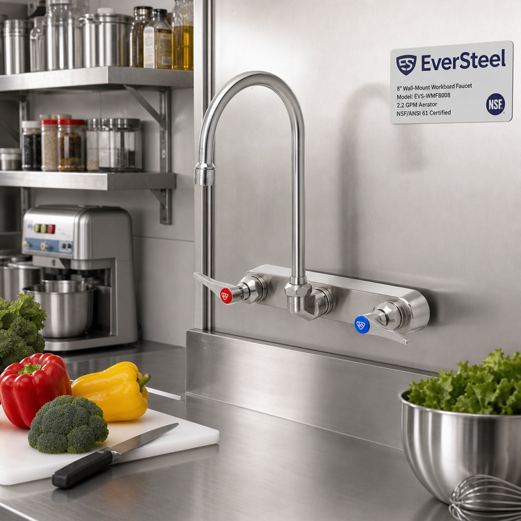 Product image #2 for EverSteel 8-Inch Wall-Mount Stainless Steel Workboard Mixing Faucet with 5 3/4-Inch Swivel Gooseneck and 2.2 GPM Aerator