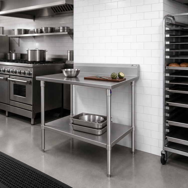 Product image #2 for John Boos Stallion 30" x 30" 16-Gauge Stainless Steel Corner Work Table with 5" Backsplash and Adjustable Undershelf