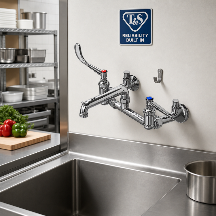 Product image #2 for T&S Brass Wall-Mount Service Sink Faucet with 8-Inch Centers, 12-Inch Spout, 6-Inch Wrist Handles, Pail Hook, and Integral Stops