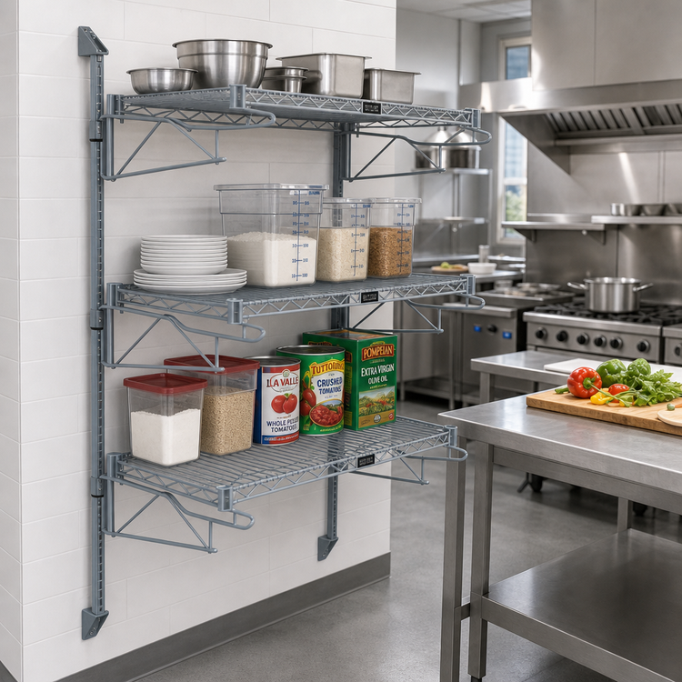 Product image #2 for Quantum Wall-Mounted Cantilever Starter Shelving Unit with 3 Wire Shelves, 54-Inch Posts, Gray Epoxy Antimicrobial Finish