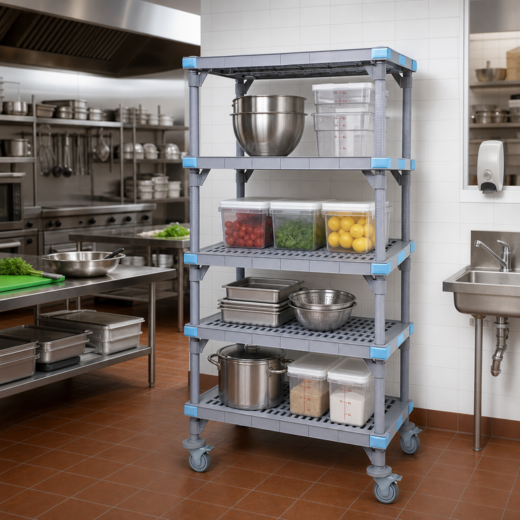Product image #2 for Millenia Mobile Polymer Shelving Starter Unit, 4 Open Grid Shelves, Gray, 48 x 21 x 86 Inches