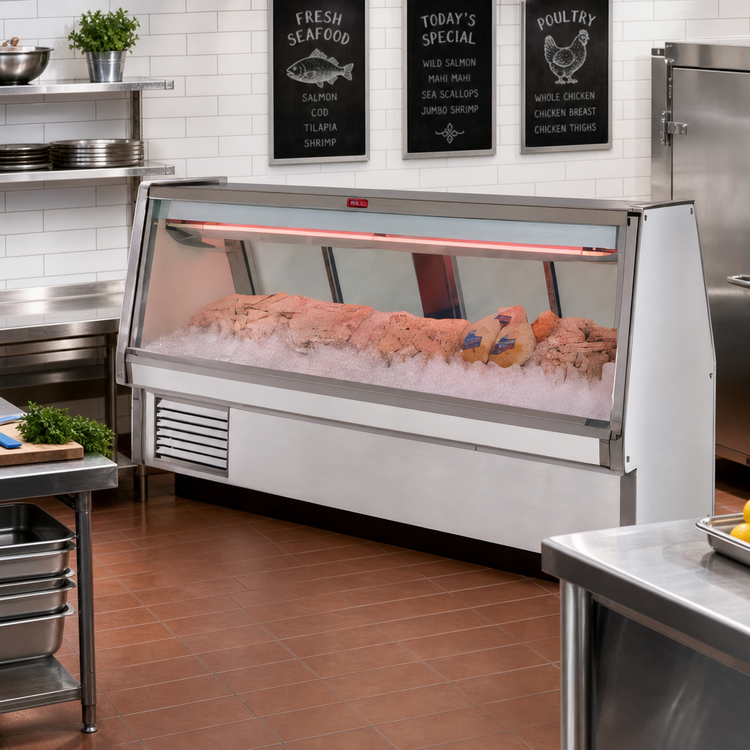 Product image #2 for Howard-McCray 34E Series Double Duty Fish and Poultry Self-Contained Refrigerated Service Case, 124-1/2 Inch, Straight Glass, Stainless Steel