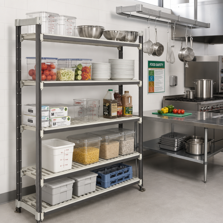 Product image #2 for Cambro Camshelving Elements XTRA High Density Top Rail Stationary Starter Unit, 18 x 48 x 81 Inch, 5-Tier Overhead Track Shelving