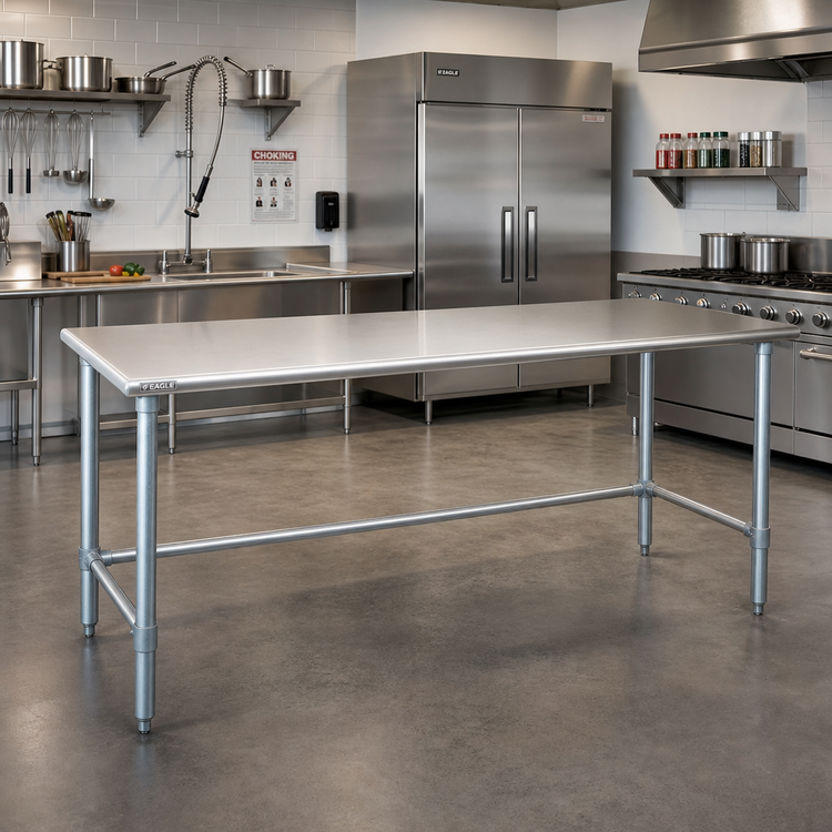 Product image #2 for Eagle Group Budget Series 108-Inch x 30-Inch Flat Top Work Table with 430 Stainless Steel Top and Galvanized Tubular Base