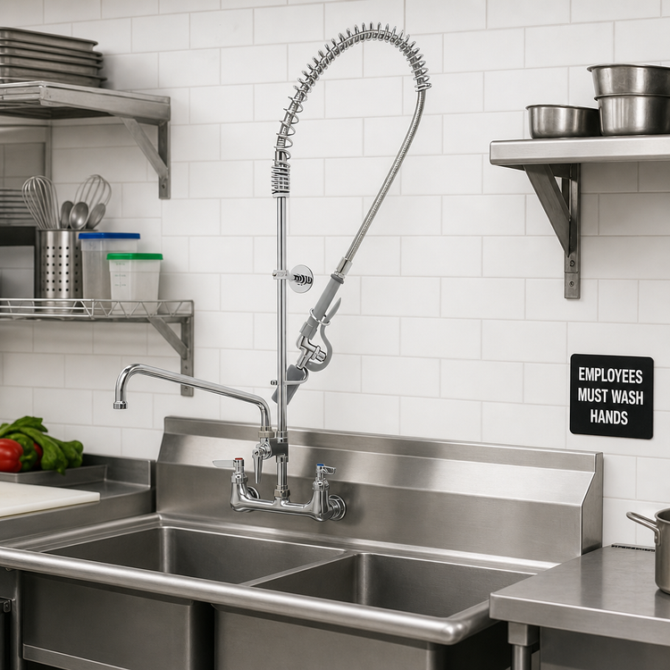 Product image #2 for EasyInstall 8-Inch Wall Mount Pre-Rinse Unit with Add-On Faucet, 12-Inch Swing Nozzle and 0.65 GPM Spray Valve