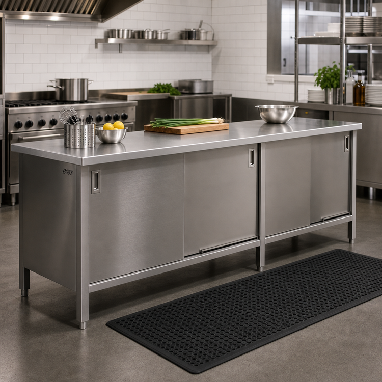 Product image #2 for John Boos Stainless Steel Enclosed Work Table with Sliding Door Cabinet Base, 144W x 30D, 16-Gauge Top
