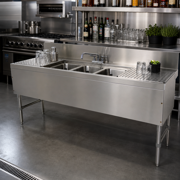 Product image #2 for Prestige 3-Compartment Stainless Steel Underbar Sink Unit with Dual Drainboards and Deck-Mount Faucet