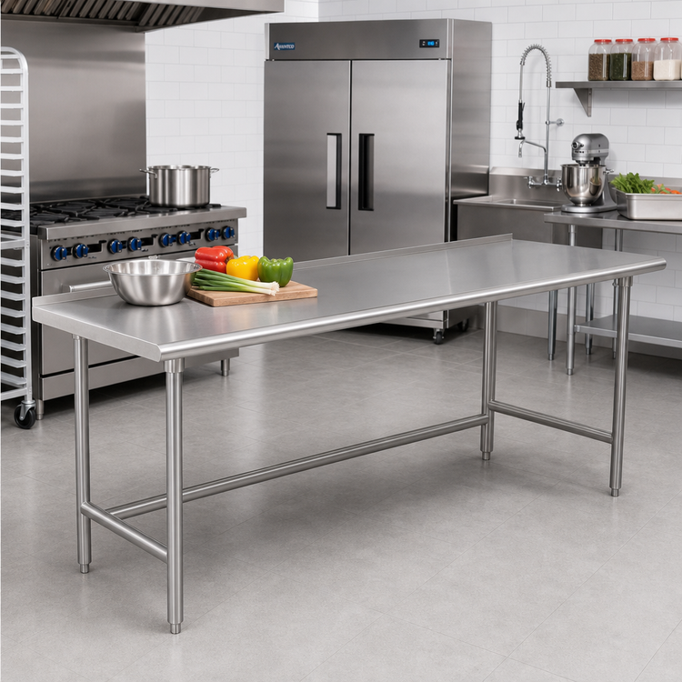 Product image #2 for Advance Tabco 108" x 24" 14-Gauge 304 Stainless Steel Open Base Work Table with 1-1/2" Rear Up-Turn