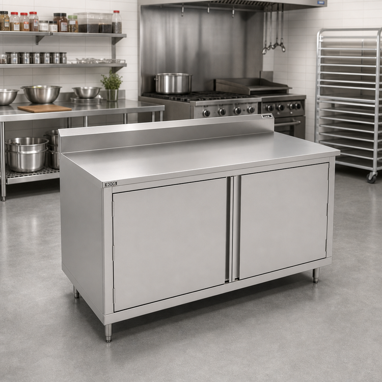 Product image #2 for John Boos 72 x 36 Inch Enclosed Cabinet Base Work Table with Hinged Doors, 14-Gauge Stainless Steel Top, and 5-Inch Backsplash