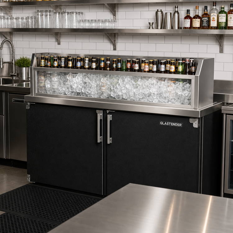 Product image #2 for Glastender Back Bar Glass Ice Display Unit for Bottled Beverages, 72-Inch W x 24-Inch D x 9-Inch H