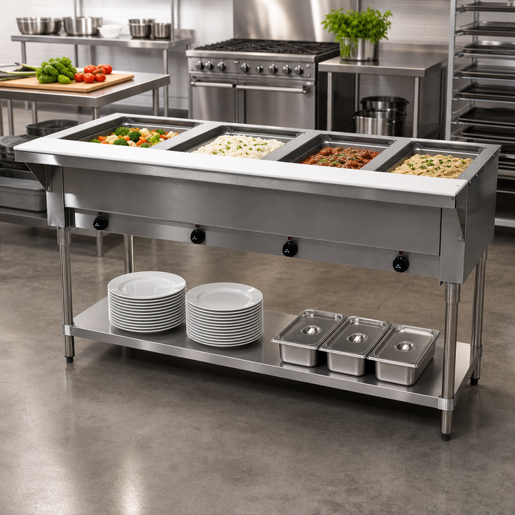 Product image #2 for 4-Well Electric Sealed-Well Hot Food Table with Cutting Board and Open Shelf Base