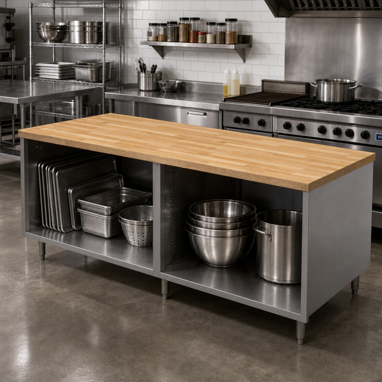 Product image #2 for BK Resources 96 Inch Hard Maple Top Chef Table with Open Front Stainless Steel Cabinet Base