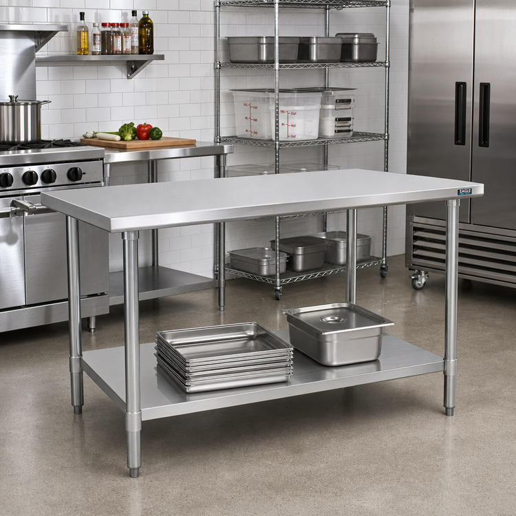 Product image #2 for Eagle Group Budget Series 72-Inch x 24-Inch Flat Top 430 Stainless Steel Work Table with Adjustable Undershelf