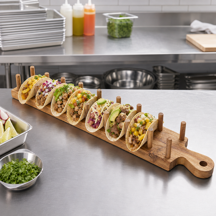 Product image #2 for American Metalcraft 8-Compartment Acacia Wood Taco Holder with Handle
