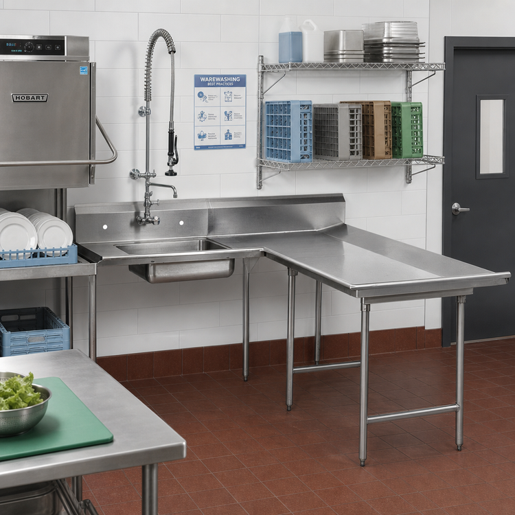 Product image #2 for Advance Tabco Right-to-Left L-Shaped Dish Landing Soil Dishtable with Pre-Rinse Sink, 83-Inch