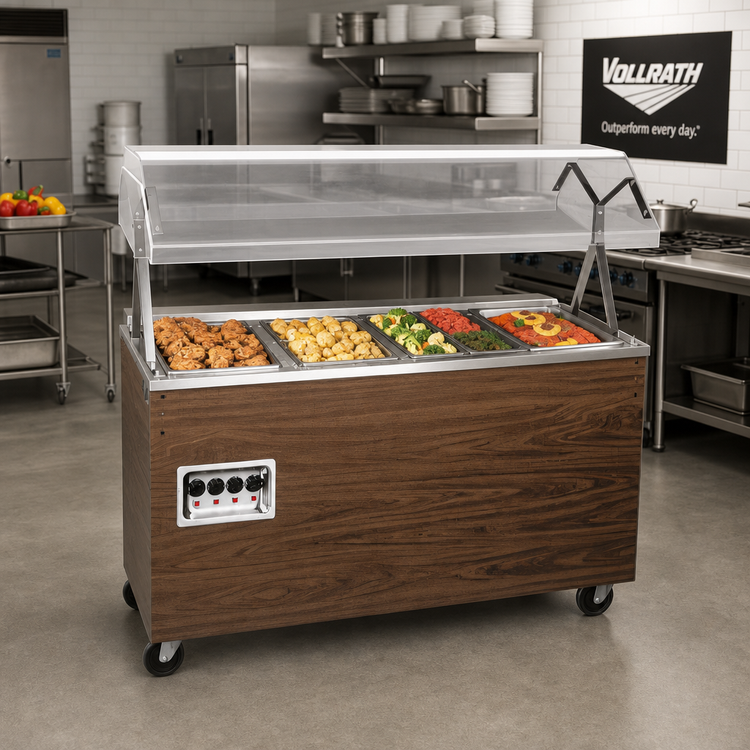 Product image #2 for Vollrath 2-Series Affordable Portable 3-Well Mobile Hot Food Station with Buffet Breath Guard, Lights, and Enclosed Storage Base