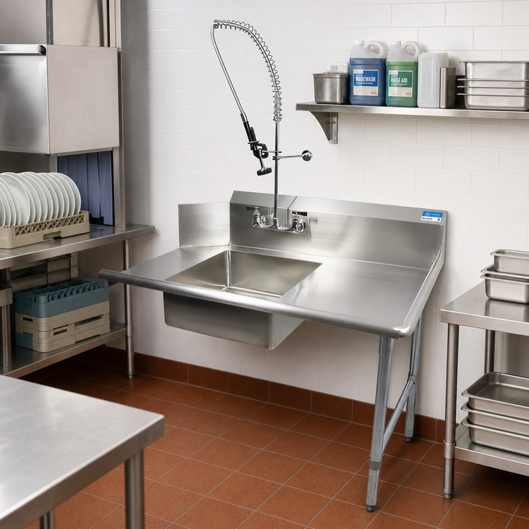 Product image #2 for BK Resources 48-Inch Straight Soiled Dish Table with Pre-Rinse Sink and Faucet, Right-to-Left, Stainless Steel Legs