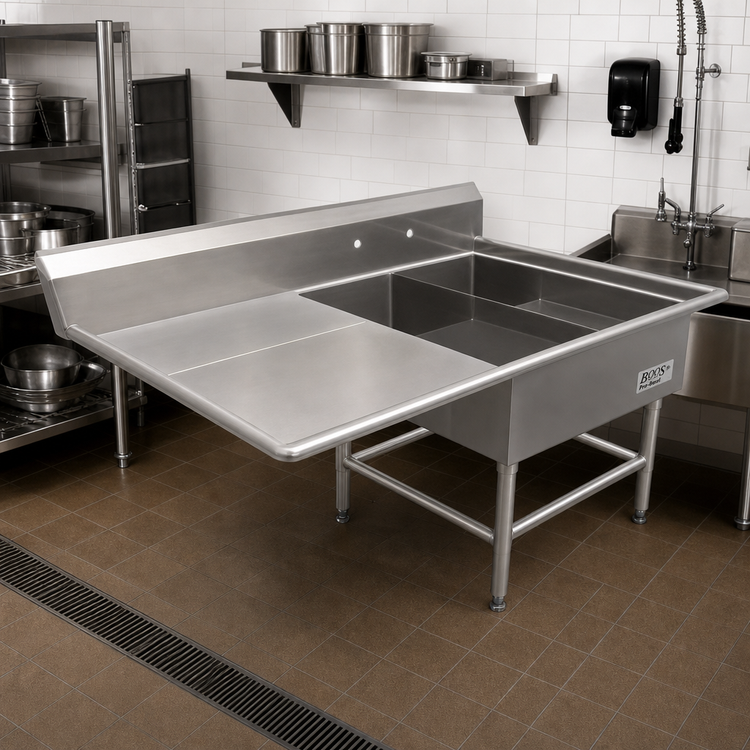 Product image #2 for John Boos Pro-Bowl 2-Compartment Platter Sink with Left Drainboard, 14-Gauge Stainless Steel, 62-3/16 Inch W x 36-1/2 Inch D x 43 Inch H