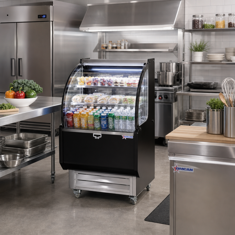 Product image #2 for Omcan 26-Inch Open Refrigerated Display Case with LED Lighting, Night Curtain, and Casters