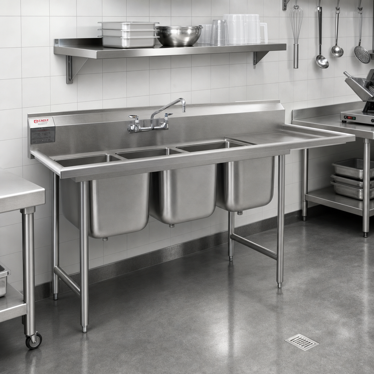 Product image #2 for Eagle 414 Series Commercial Three-Compartment Sink with 18-Inch Right Drainboard, 22" x 22" Bowls