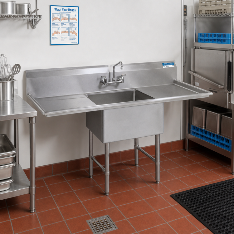 Product image #2 for BK Resources One Compartment Double Drainboard Stainless Steel Sink, 54 Inch Wide, 18 x 18 x 12 Inch Bowl