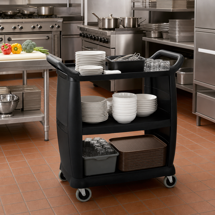 Product image #2 for Carlisle 36 x 18 Inch 3-Shelf Black Polypropylene Bussing Cart