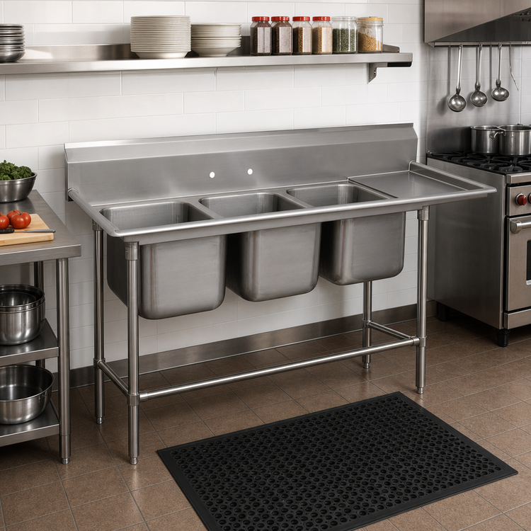 Product image #2 for Advance Tabco Regaline 3-Compartment Deep Drawn Sink with Right-Hand 24-Inch Drainboard, 16 x 20-Inch Bowls