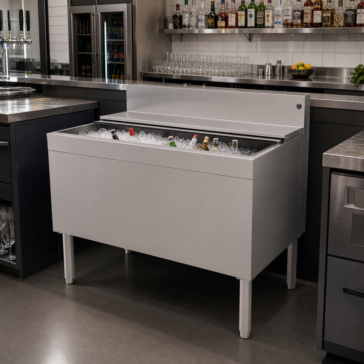 Product image #2 for Glastender Extra Deep Underbar Ice Bin with Sliding Stainless Steel Cover, 42 Inch Wide, 162 lb Capacity
