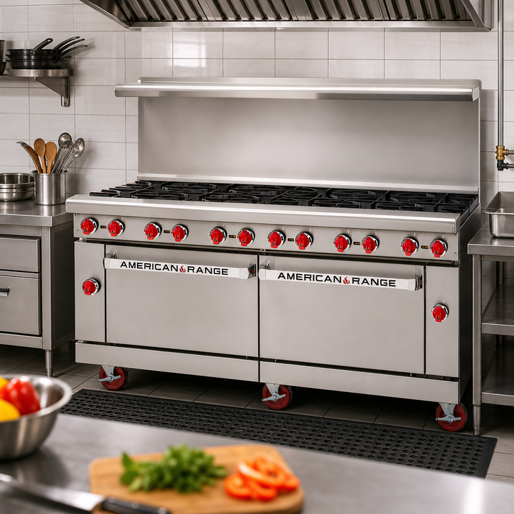 Product image #2 for American Range 72-Inch Gas Restaurant Range with 12 Open Burners, Left Convection Oven, and Right Storage Base