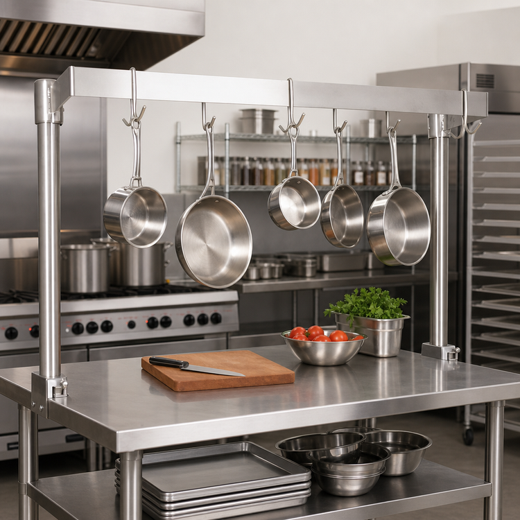 Product image #2 for BK Resources APU-48 Adjustable Table-Mount Single-Bar Stainless Steel Pot Rack, 48 Inch W x 50 Inch H, 8 Double-Prong Hooks