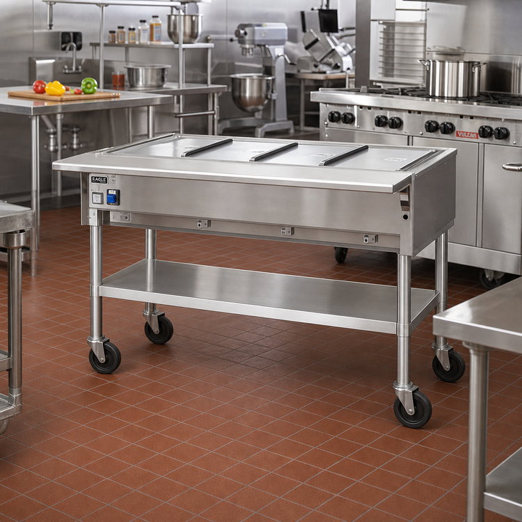Product image #2 for Eagle Group Portable Electric Hot Food Table with 3 Dry Wells, 51-Inch Open Shelf Base