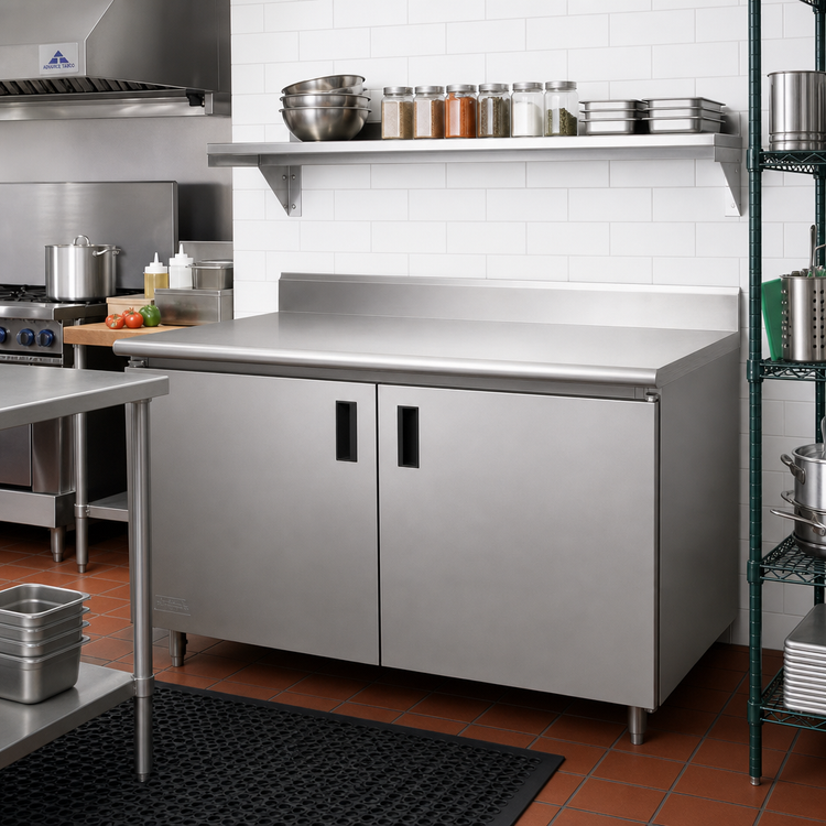 Product image #2 for Advance Tabco Special Value 84" x 24" Enclosed Work Table with Cabinet Base, 16-Gauge 304 Stainless Steel Top and 5" Backsplash