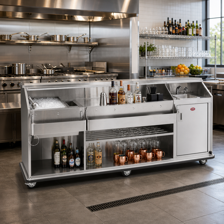Product image #1 for FWE Weather-All 8-Foot Stainless Steel Mobile Bar with Hand Sink and 60 lb Ice Bin