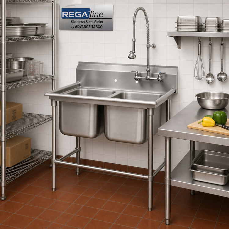 Product image #2 for Advance Tabco Regaline Freestanding 2-Compartment Sink with 24 x 24 x 14-Inch Bowls, 14-Gauge 304 Stainless Steel, 11-Inch Splash