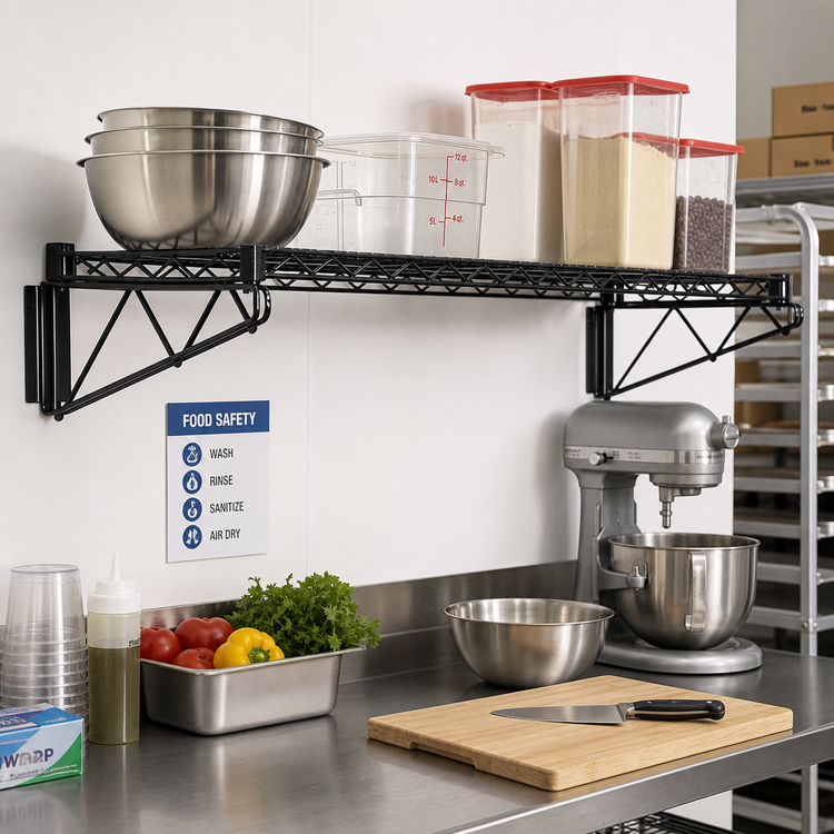 Product image #2 for Quantum Wall-Mount Cantilever Single Wire Shelf, 48 x 21 Inch, Black Epoxy Antimicrobial Finish