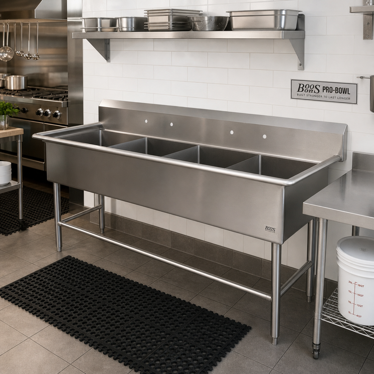 Product image #2 for John Boos Pro-Bowl 4-Compartment Stainless Steel Floor Model Sink, 69-1/8 Inch W x 25-1/2 Inch D