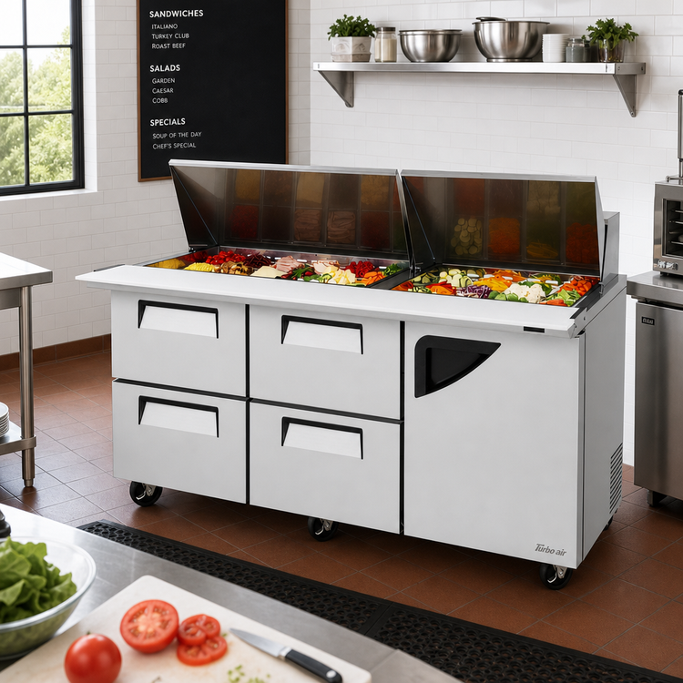Product image #2 for Turbo Air Super Deluxe 72-5/8-Inch Two-Section Sandwich/Salad Mega Top Prep Table with 4 Drawers, Right-Hinged Door, and 30-Pan Opening