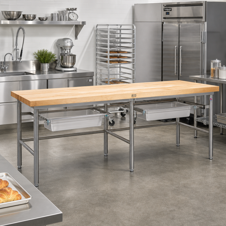 Product image #2 for John Boos Baker's Table Frame for 84-Inch W x 36-Inch D Top, Stainless Steel, With Bin Stops and Guides