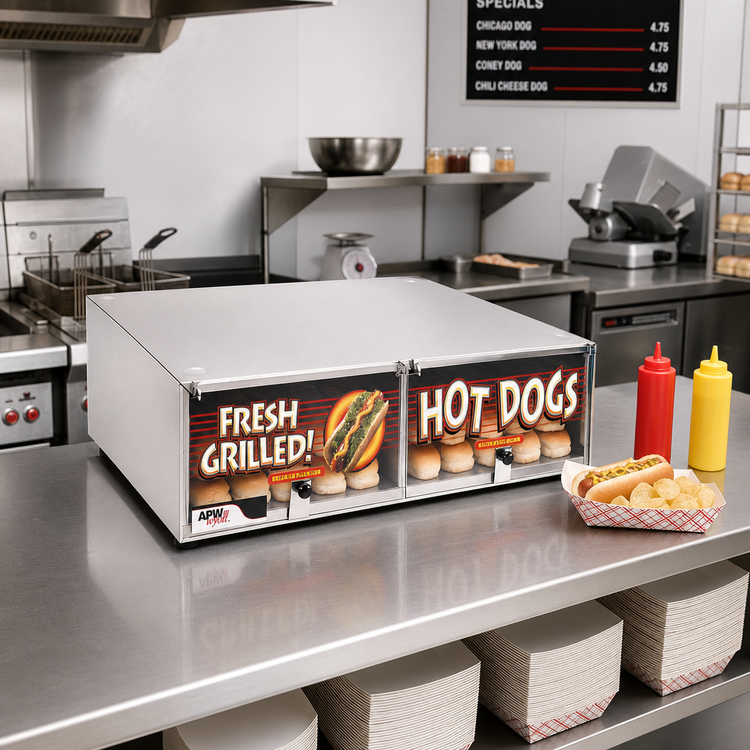 Product image #2 for APW Wyott BC-20 Countertop Hot Dog Bun Cabinet, 50-Bun Capacity, Lift-Up Plexiglass Doors