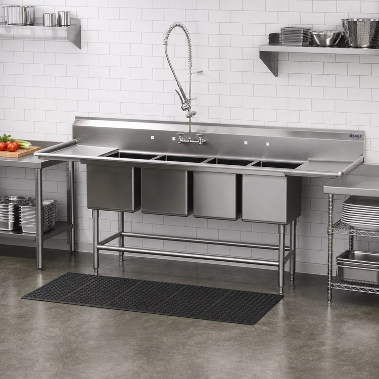 Product image #2 for Eagle Spec-Master FN Series Coved Corner Four-Compartment Sink with Right-Hand 18-Inch Drainboard