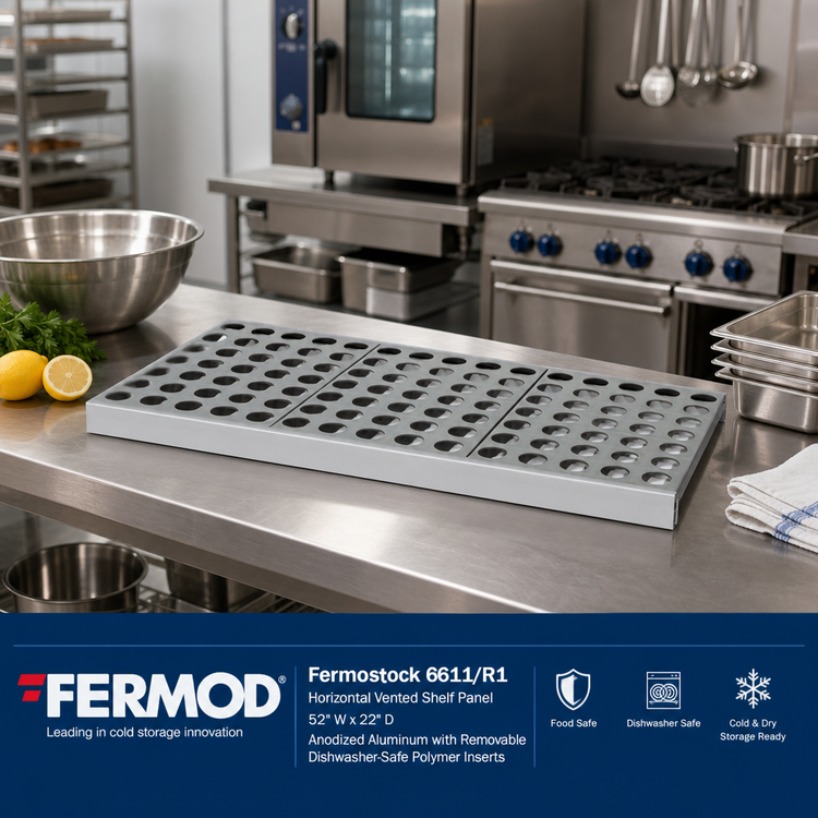 Product image #2 for Fermod Fermostock 6611/R1 Horizontal Vented Shelf Panel — 52" W x 22" D, Anodized Aluminum with Removable Dishwasher-Safe Polymer Inserts