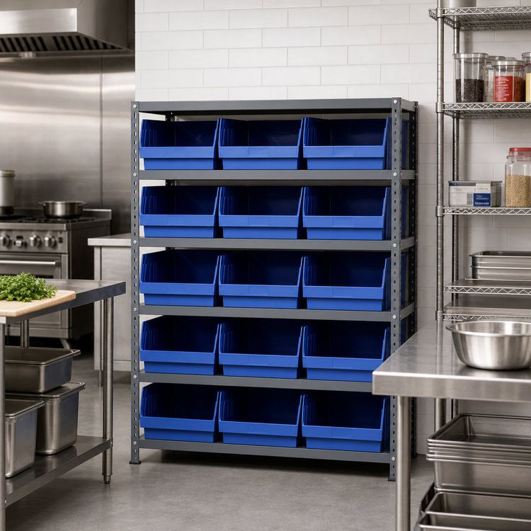 Product image #2 for Quantum Heavy-Duty Stationary Wire Shelving Unit, 36" W x 12" D x 39" H, 5 Shelves, 12 Bins Included
