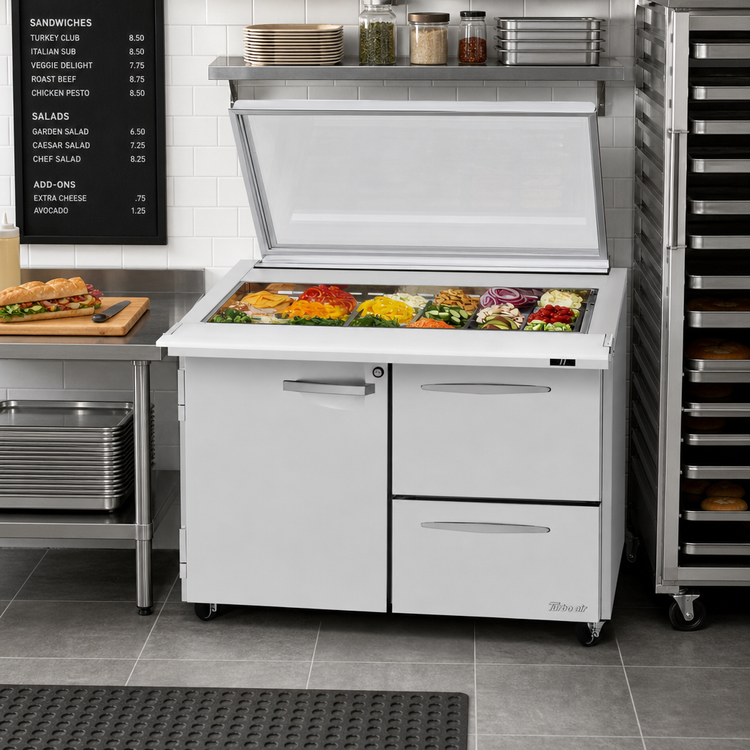 Product image #3 for Turbo Air PRO Series Mega Top Sandwich/Salad Prep Table with Glass Lid, 48.25-Inch, 15 Cu. Ft., 2-Section, 18-Pan, 2 Drawers, 1 Door