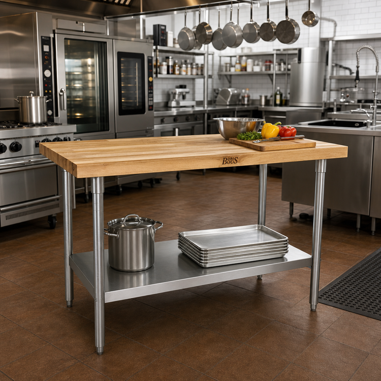 Product image #2 for John Boos 48 x 24 Inch Wood Top Work Table with 1-3/4 Inch Maple Top, Stainless Steel Legs and Adjustable Undershelf